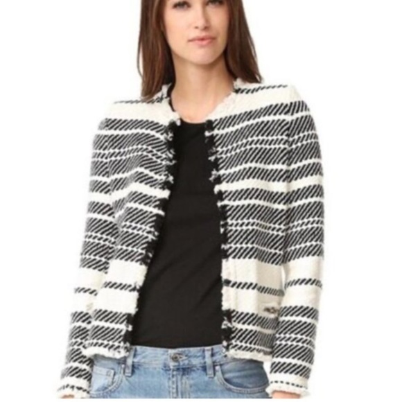 IRO Zlata Tweed Jacket Open Front Frayed Black Cream Stripes  EU 40 US 8 - Picture 3 of 17